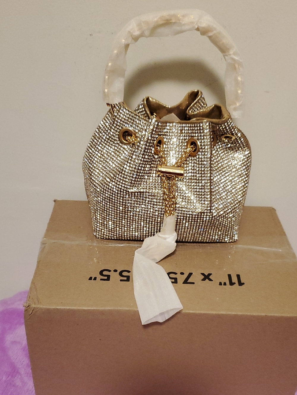PrettyLittleThing Gold Crystal Drawstring Bucket Bag